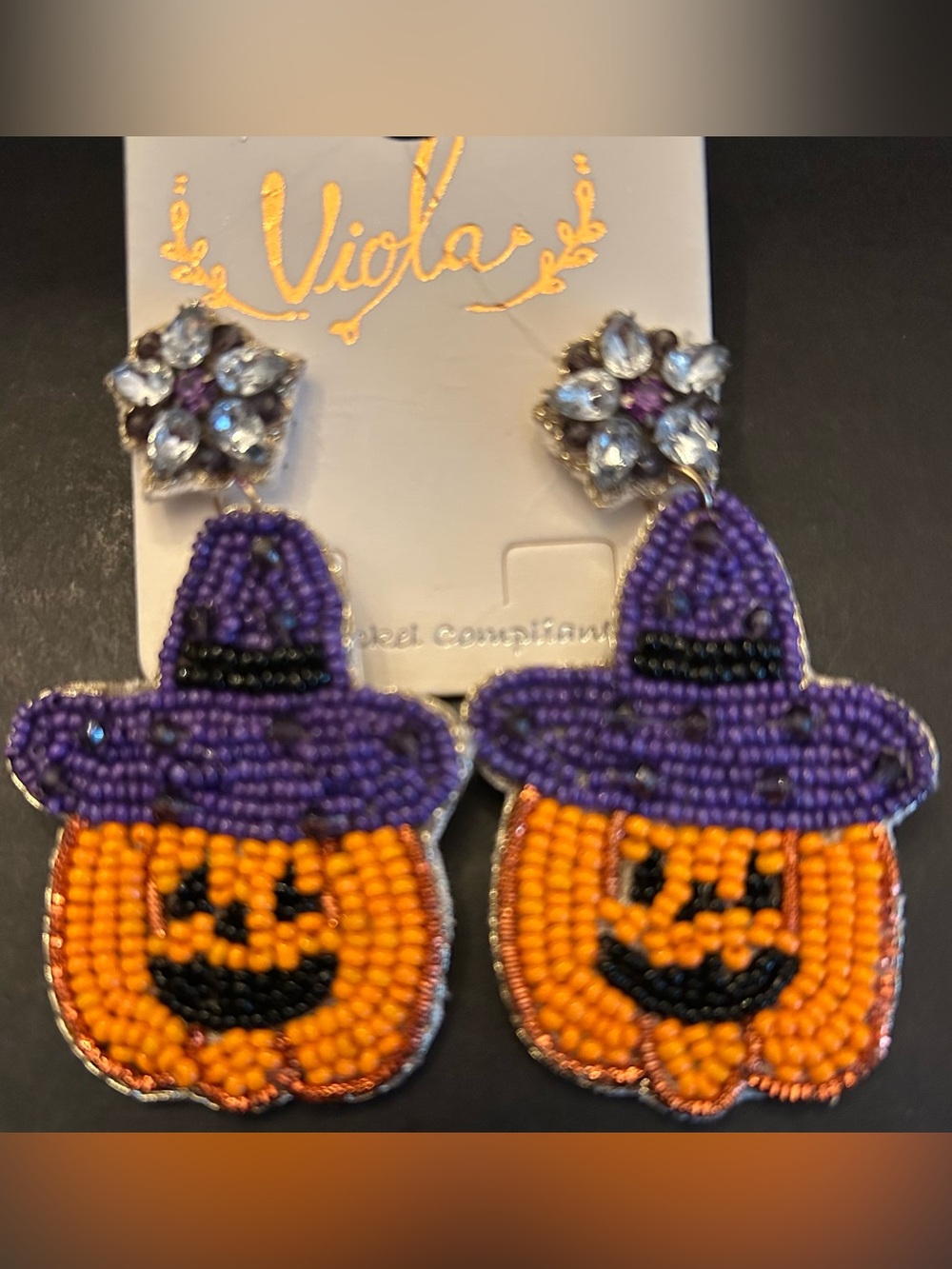 Purple & Orange Hand Beaded Jack-O-Lantern 🎃 Witch Hat Drop Earrings